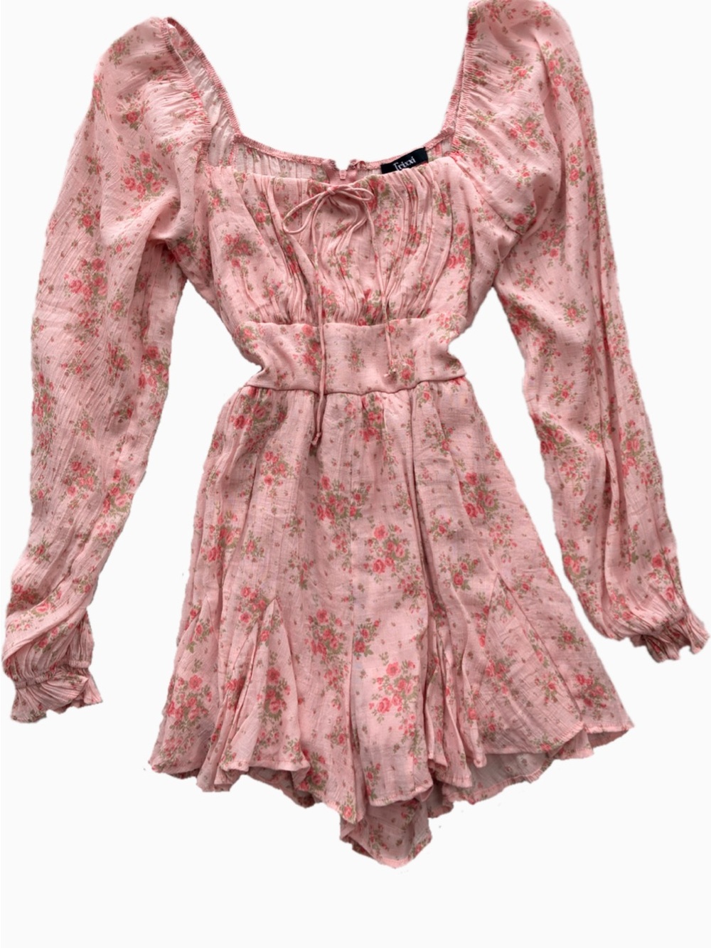 Trixxi Blush Pink Floral Lace-Up Romper with Long Sleeves